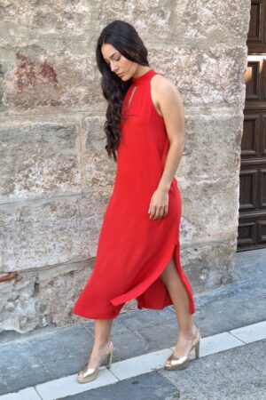 vestido halter largo rojo fluido