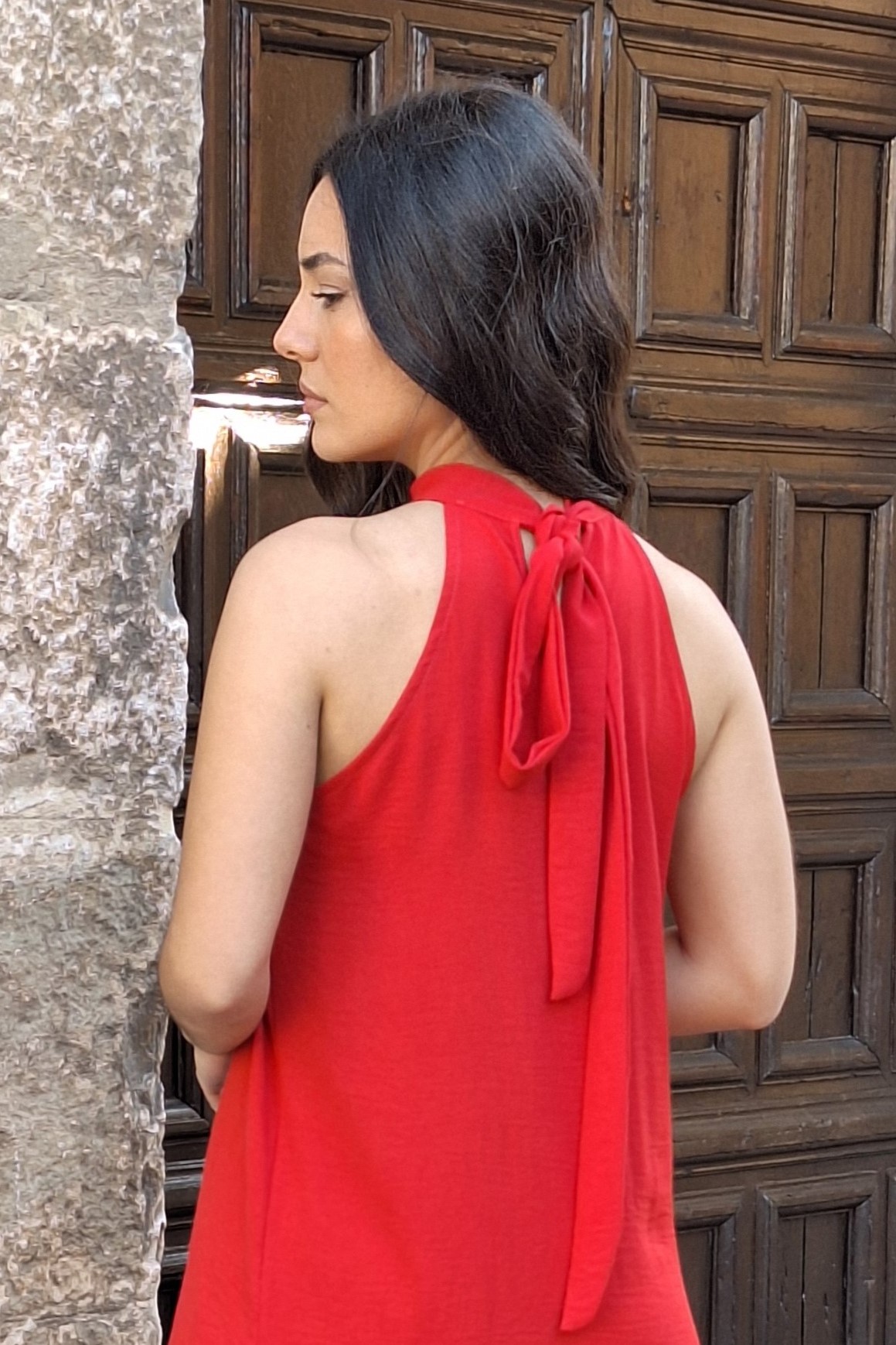 vestido halter largo rojo fluido vestido halter largo rojo fluido