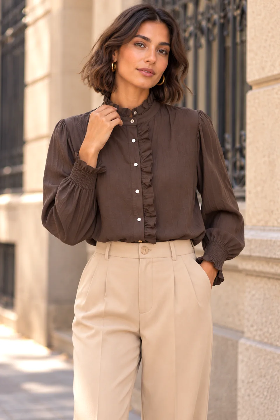 camisa marron volantes1 camisa marron volantes1